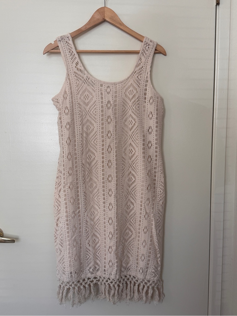 Vero Moda Beige Crochet Midi Dress with Fringe